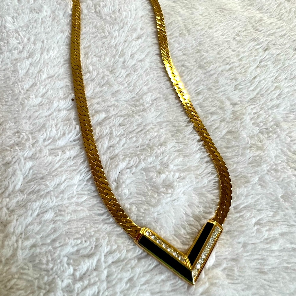 Christian Dior 18K gold plated vintage flat necklace with enamel and crystal - Picture 6 of 16